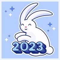 Cute white rabbit sticker, Chinese New Year symbol of the 2023 year  with 2023 text, vector illustration.