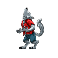 Howling cartoon werewolf with a red shirt .  illustration png