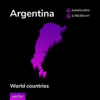 Argentina 3D map. Stylized striped digital neon isometric vector Map of Argentina is in violet colors on black background