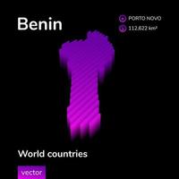 Benin 3D map. Stylized neon isometric digital striped vector map of Benin in violet and purple colors on the black background