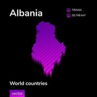 3D Map of Albania. Stylized neon digital isometric striped vector map in violet, pink colors on the black background. Educational banner, poster, flyer about Albania country