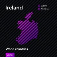 Vector creative digital neon flat line art abstract simple map of Ireland with violet, purple, pink striped texture on black background. Educational banner, poster about Ireland