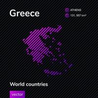 Vector creative digital neon flat line art abstract simple map of Greece with violet, purple, pink striped texture on black background. Educational banner, poster about Greece