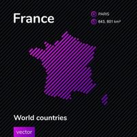 Vector creative digital neon flat line art abstract simple map of France with violet, purple, pink striped texture on black background. Educational banner, poster about France