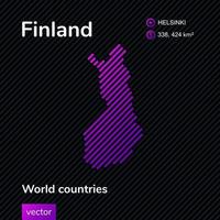 Vector creative digital neon flat line art abstract simple map of Finland with violet, purple, pink striped texture on black background. Educational banner, poster about Finland