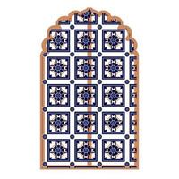 Islam window or gate. Decorative frame. Mosque dome and lanterns. Vector set of oriental geometric ornaments with grid, mesh, circles, flower silhouettes.