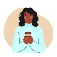 mujer afroamericana sosteniendo una taza de café de papel. ilustración vectorial en estilo de dibujos animados aislado sobre fondo blanco. vector