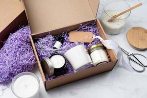 Candle DIY gift box with soy wax, candle, tag and essential oil for candle crafting photo