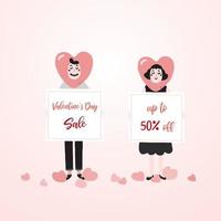 Hand drawn vector illustration of people holding signboard in Valentines theme. A man and a woman with a heart instead of the head. Cartoon character with SALE board.