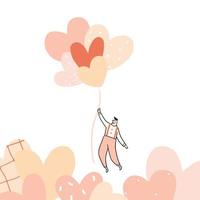 Hand drawn vector illustration of man flying with heart balloon on white background.Male holding pink heart balloons.