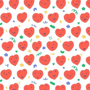Hand drawn pattern vector illustration of heart with face in cartoon style. Pattern for textile, fabric, wrapping paper.
