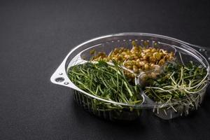 A set or mix of pea, mustard and sprouted mung bean microgreens in a portioned plastic box photo