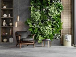 fondo de pared vegetal verde con sillón de cuero en una pared de hormigón vacía.