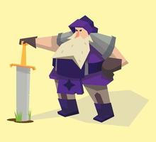 personaje héroe anciano con una gran espada con un sombrero morado y ropa. vector