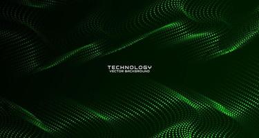 Green techno abstract background on dark space with waving particle style effect. Graphic design element with 3d moving dots flow concept for banner, flyer, card, brochure cover, or landing page vector