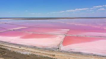 Aerial view of White salt on the shores of the island in Pink Island and blue sky . Lake Lemuria, Ukraine. Lake naturally turns pink due to salts and small crustacean Artemia in the water photo