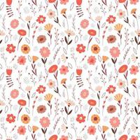 Seamless pattern with simple, floral, botanical, elements, flowers, twigs, leaves. Hand-drawn color vector illustrations on a white background. Perfect for packaging paper, textiles