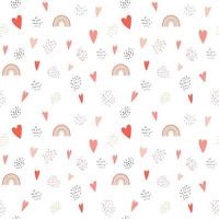Seamless pattern with simple rainbows, hearts, texture spots, dots. The simple minimalistic background is perfect for wrapping paper, children's textiles. Vector isolated on a white background.
