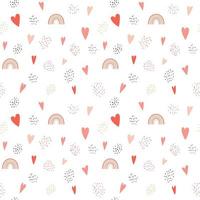 Seamless pattern with simple rainbows, hearts, texture spots, dots. The simple minimalistic background is perfect for wrapping paper, children's textiles. Vector isolated on a white background.