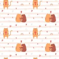 Seamless pattern with cute hugging cats and a cat holding a heart in its paws. Textured striped background with rainbow,hearts.For packaging design for Valentine's day, birthday. Vector illustrations.