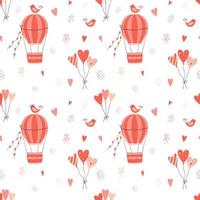 Valentine's Day Seamless pattern with flying hot air balloon, birds, hearts. Color vector illustration on a white background. Perfect for wrapping paper, baby textiles