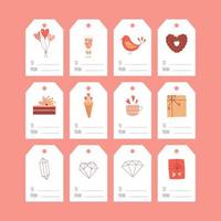 A set of gift tags for Valentine's Day. Bird,, coffee cup, crystals. A collection of present labels with cartoon illustrations and the words To, From. Color vector illustrations on a white background.