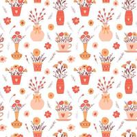 Seamless pattern with simple red and yellow flowers, bouquets in vases, a cup. Vector illustration on a white background. Perfect for wrapping paper for Valentine's day, birthday