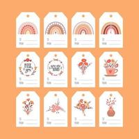 Set of gift tags for Valentine's Day. Boho rainbows, flower bouquets, wreaths. A collection of present labels with simple cute illustrations and words To, From. Color vector tags on a white background