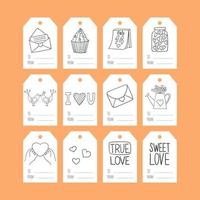 Set of gift tags with black and white hand-drawn doodles for Valentine's Day. A collection of present labels with illustrations and words To, from. Simple vector illustrations on a white background.