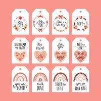 Vector set of gift tags for Valentine's Day. Boho rainbows, floral hearts, flower wreaths. Collection of present labels with cute illustrations and handwritten greetings and wishes on white background