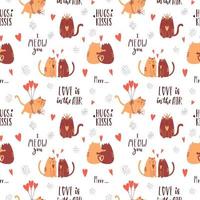 Seamless pattern with cute lovers hugging cats and handwritten phrases. I meow you. Perfect for wrapping paper for Valentine's Day. Vector isolated illustrations on a white background.