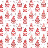 Valentine s Day Seamless pattern with cute cartoon gnomes holding hearts. Pink dwarfs characters and handwritten words. Color vector illustration on white background.