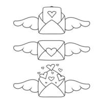 Monochrome icon set, beautiful romantic vintage envelope with wings and hearts, love message, vector illustration in cartoon style