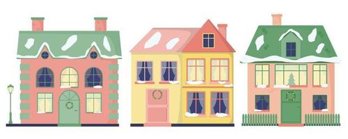 A set of houses with windows, tiles, chimneys. Street lamp. Fence. Color flat vector illustration isolated on a white background.