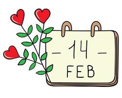 A composition of hand-drawn vector images for Valentine's Day. Decoration for Valentine's Day. Symbols of Valentine's Day. A flower with a heart.Desktop calendar.