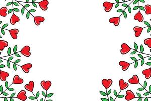 Vector illustration, background with leaves, heart flowers and a place for your text. Rectangular template for Valentine's Day decoration. Doodle-style frame with plants for banners, postcards