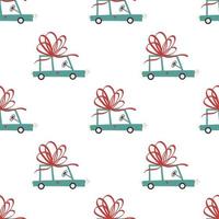 Gift a car. Cute auto with red bow. Festival seamless pattern. vector