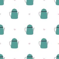 Kettle. Blue teapot with pink hearts. Cute seamless pattern in naive style vector