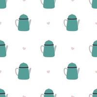 Kettle. Blue teapot with pink hearts. Cute seamless pattern in naive style vector