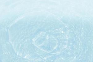 Defocus blurred transparent blue colored clear calm water surface texture with splashes and bubbles. Trendy abstract nature background. Water waves in sunlight with caustics. Blue water shinning photo