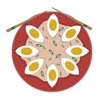 Eggs with onion and sauce on a plate and chopsticks for sushi. Illustration on the theme of Asian cuisine. vector