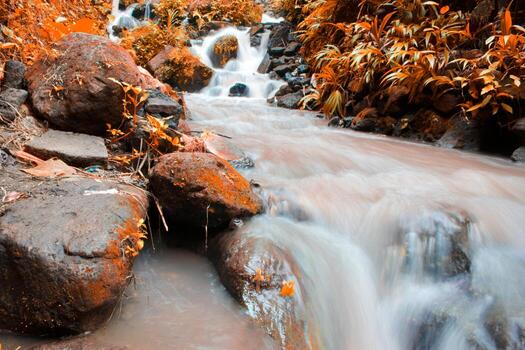 This is a beautiful photo of a stream of water flowing in a river in the village area.