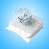 3d ventilate shows water splash transparent for diapers, synthetic fiber hair absorbent layer with sanitary napkin, transparent film baby diaper adult concept, isolated on blue background. 3d render photo