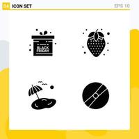 Pack of 4 Modern Solid Glyphs Signs and Symbols for Web Print Media such as black friday spring diet food beach film Editable Vector Design Elements