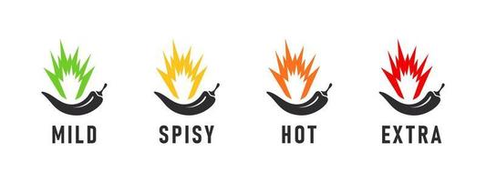 Spicy meter icons. Hot natural chili pepper symbols. Spicy and hot. Vector illustration