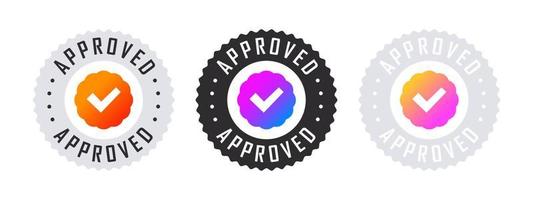 Approval check mark. Confirmation badges. Verification checkbox icons. Vector illustration