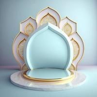 Islamic ramadan podium background of futuristic and modern 3d realistic mosque with scene and stage for product display photo