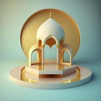 Realistic 3d modern islamic background of futuristic mosque with podium scene and stage for product display photo