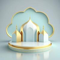 Islamic theme product display background in 3d rendering illustration design, Mosque portal frame with podium or stage and empty space. photo