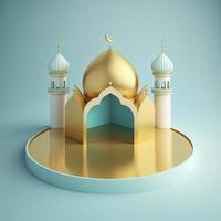 Islamic theme product display background in 3d rendering illustration design, Mosque portal frame with podium or stage and empty space. photo